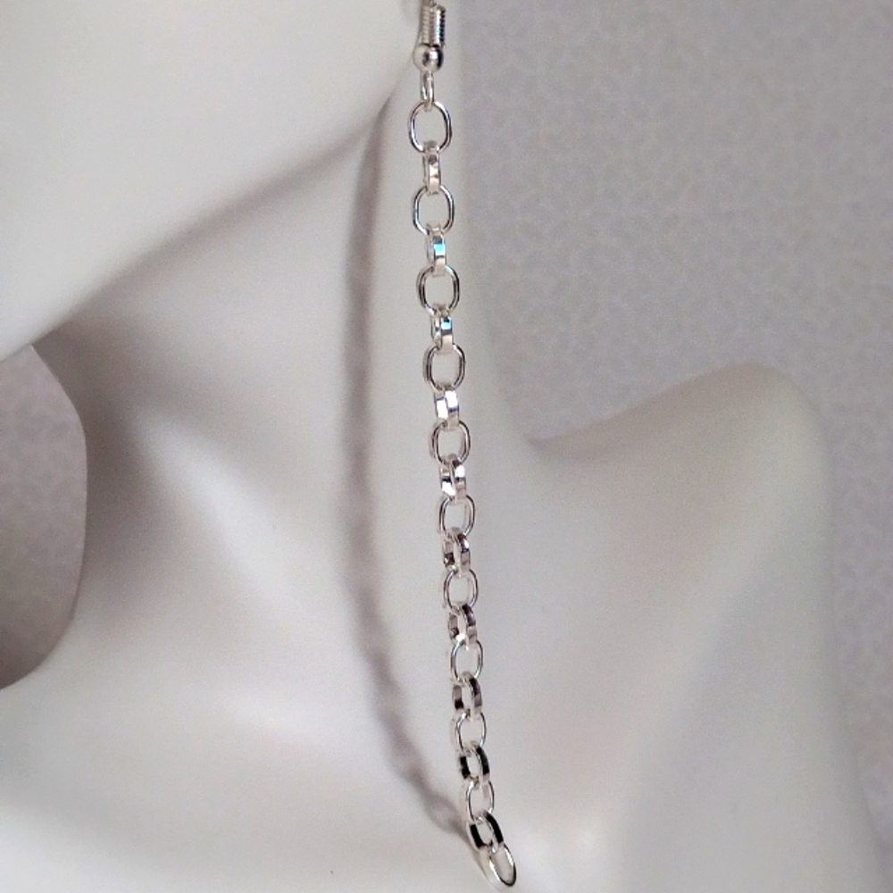 Chain Link Dangle Earrings Handcrafted Chandelier Silver Plated Hook 4 inch long